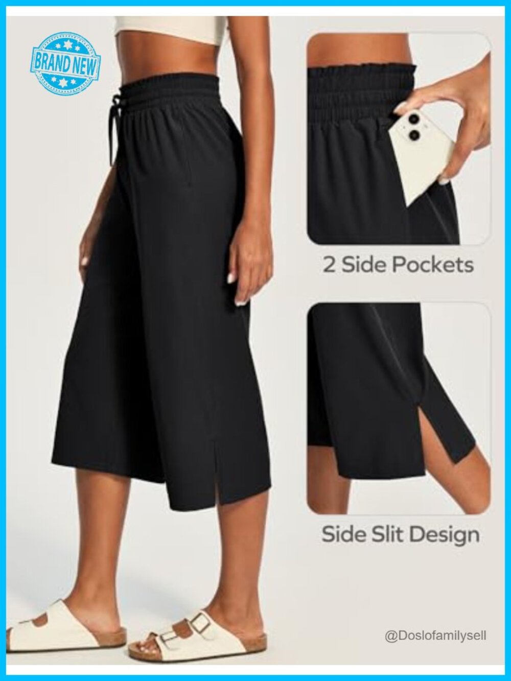 Wide Leg Capri Pants Quick Dry Drawstring High Waisted Gaucho Casual - Picture 4 of 6